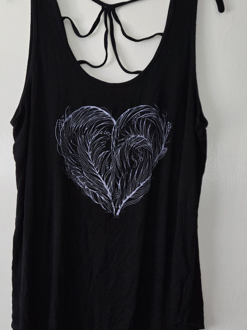 Black Tank Top with White Feather Heart Graphic